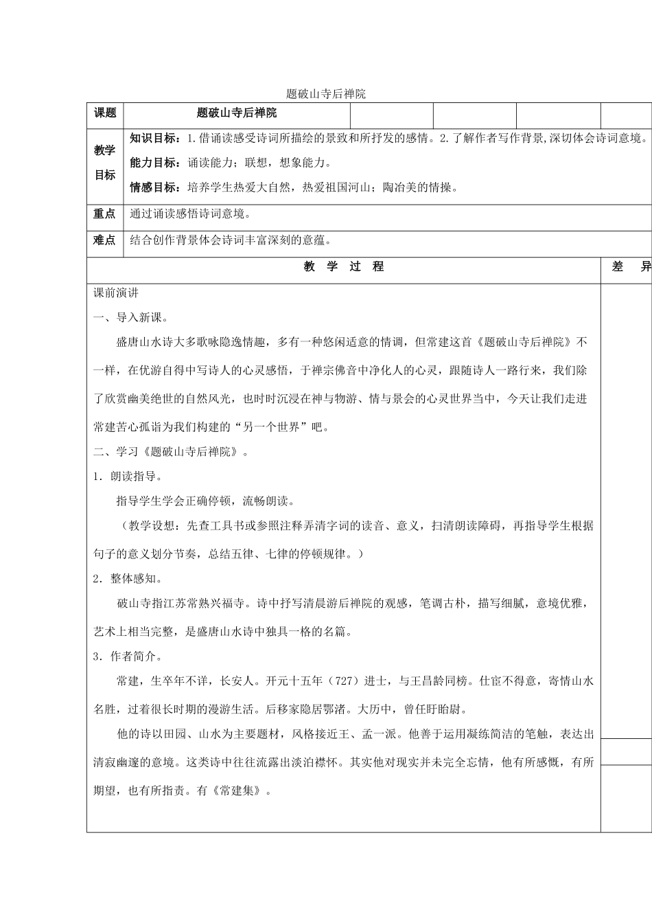 （秋季版）七年级语文上册 第六单元 21 古诗五首 题破山寺后禅院教案 语文版-语文版初中七年级上册语文教案_第1页