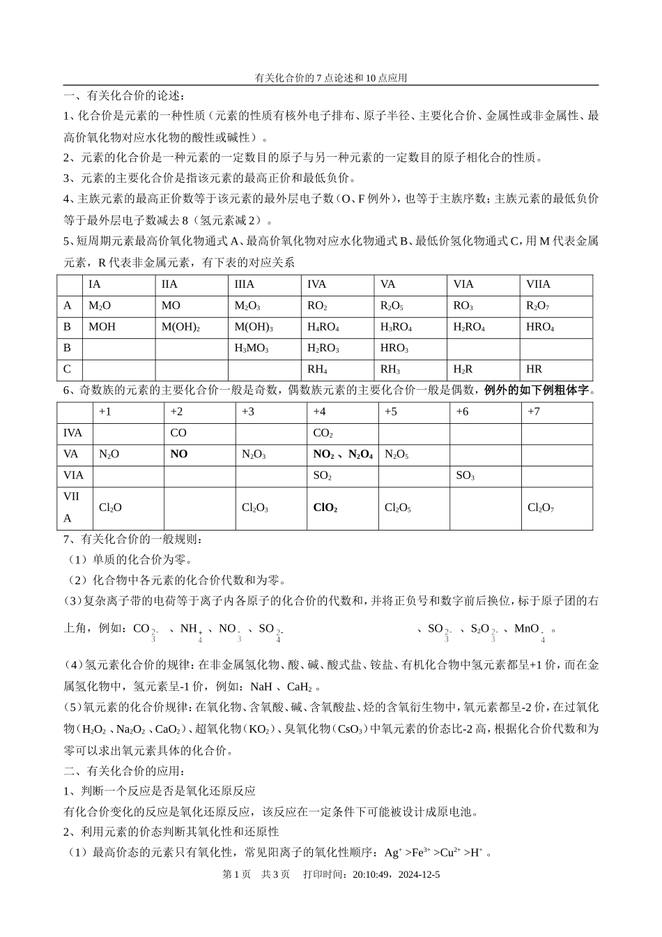 高三化学有关化合价的7点论述和10点应用_第1页