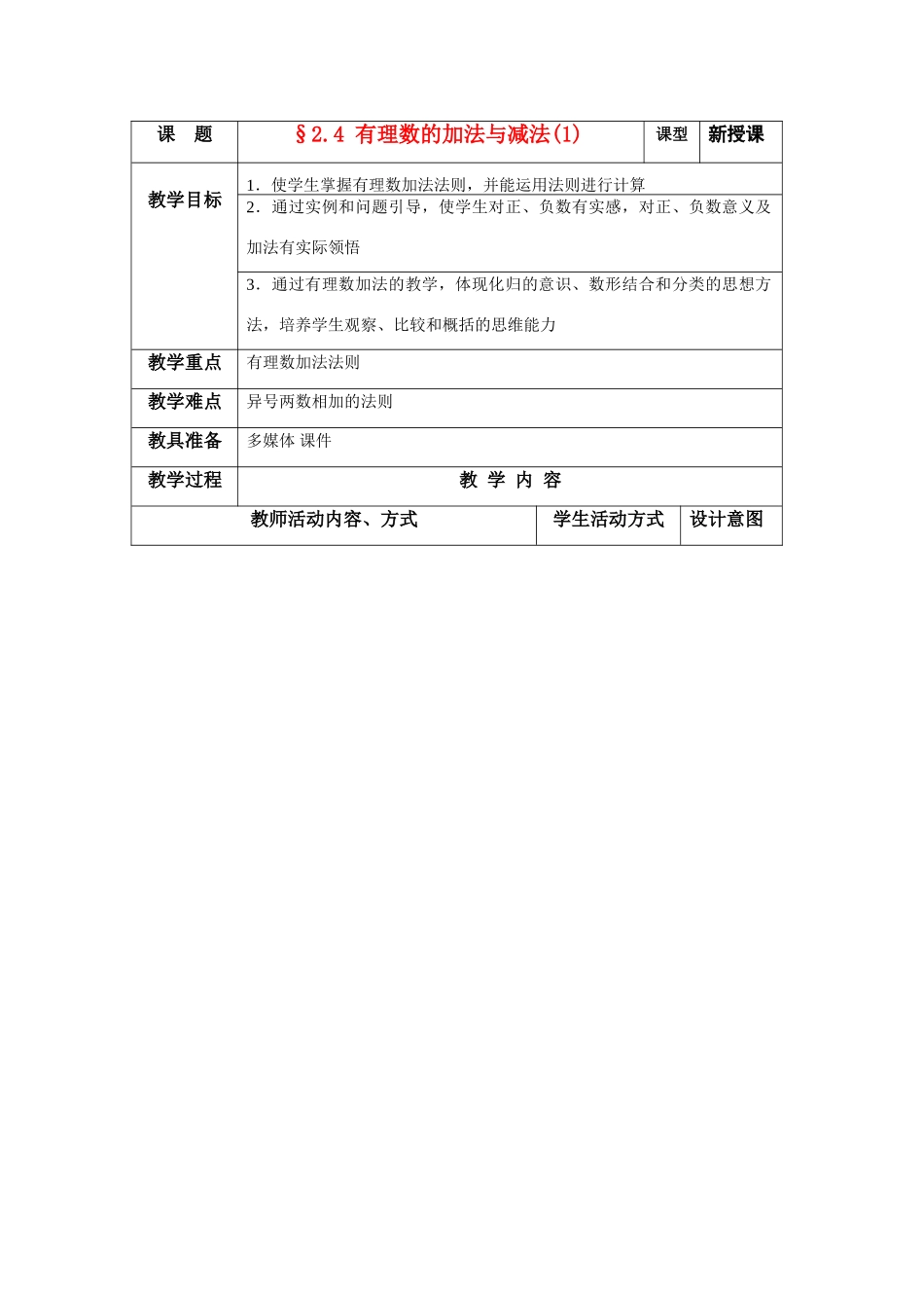 苏科版数学七年级上册2.4有理数的加法与减法教案（一）_第1页