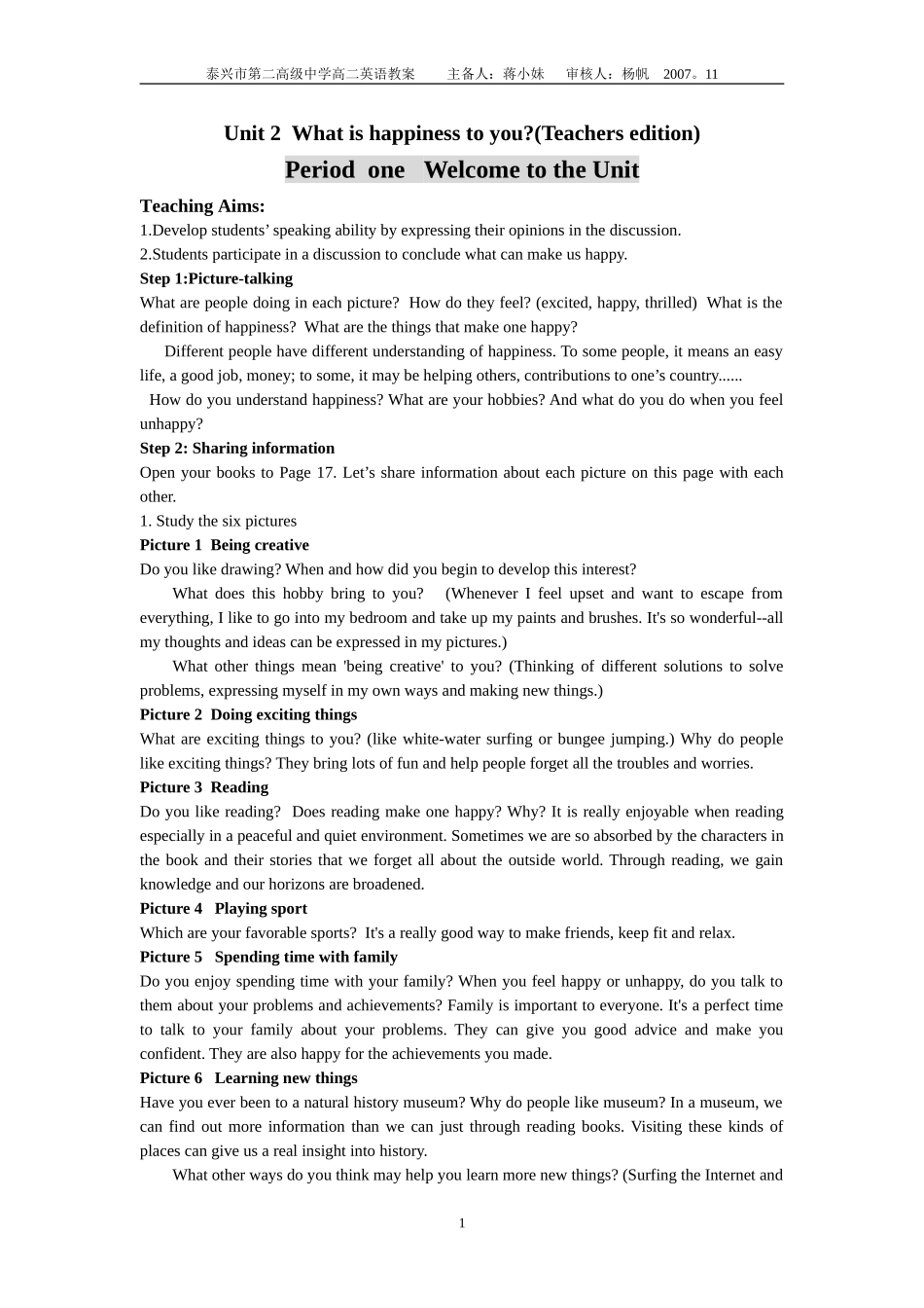 译林牛津版选修6高中英语What's happiness to you(Welcome to the unit Reading教案_第1页