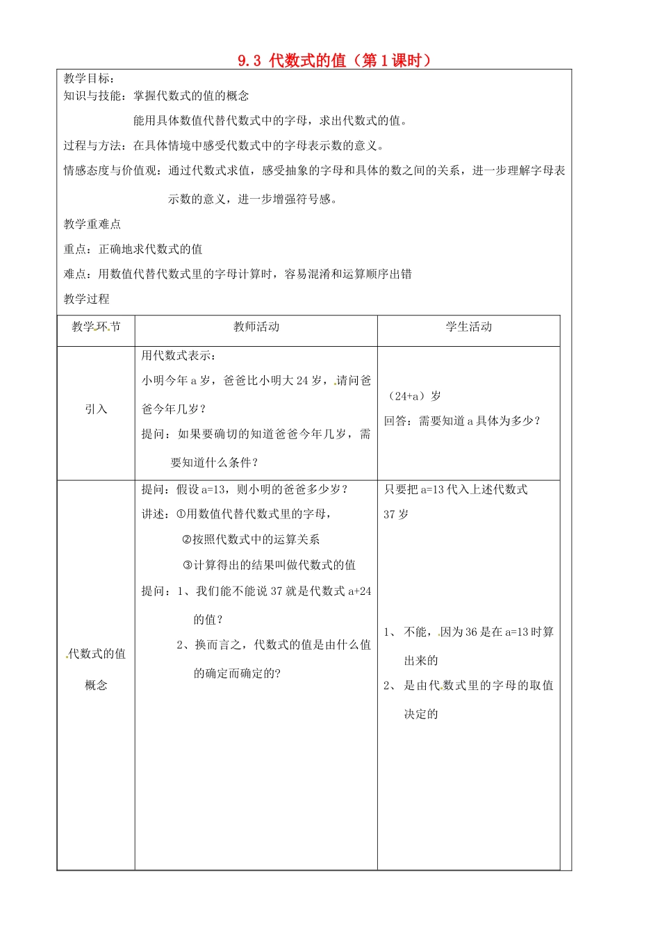 上海市罗泾中学七年级数学上册 9.3 代数式的值（第1课时）教案 沪教版五四制_第1页