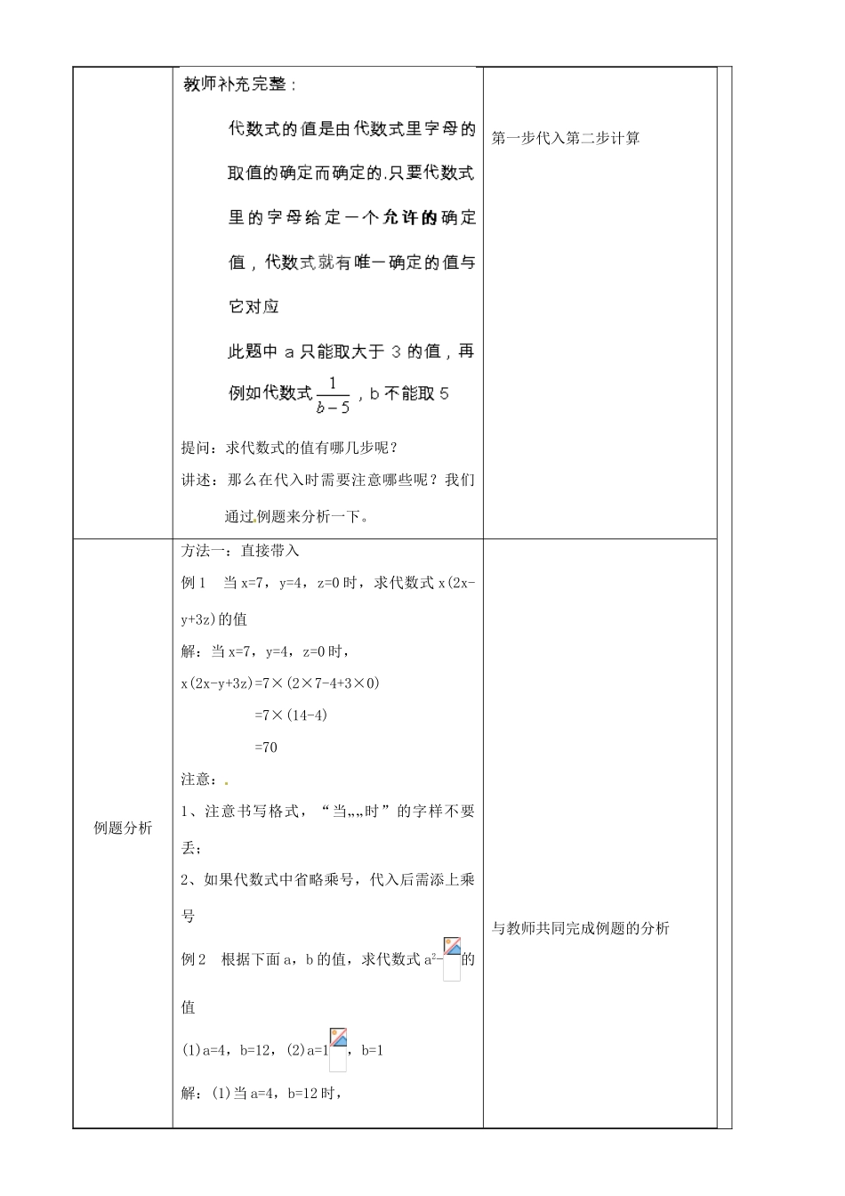 上海市罗泾中学七年级数学上册 9.3 代数式的值（第1课时）教案 沪教版五四制_第2页