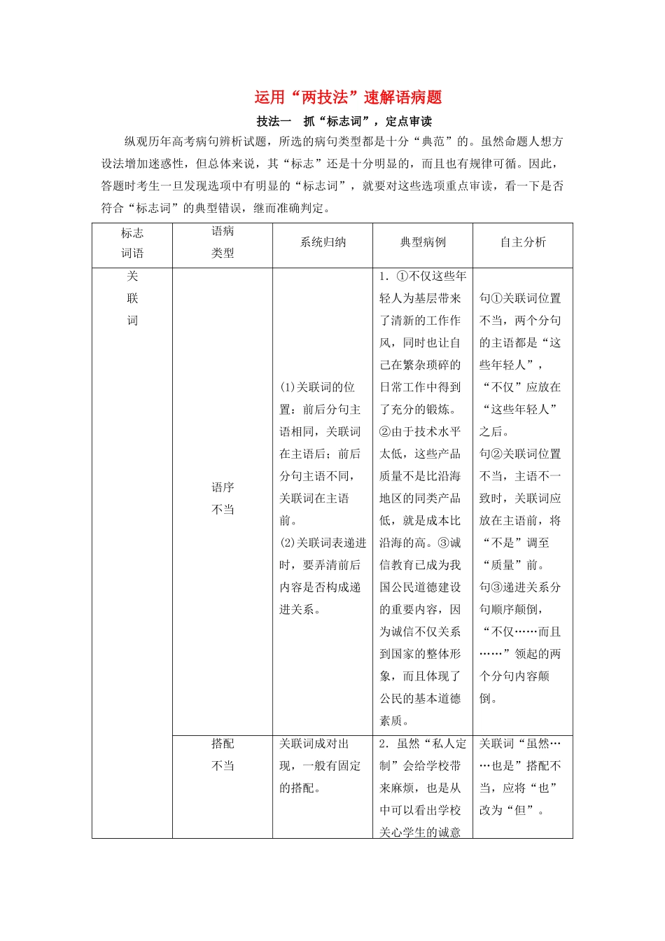 高考语文大一轮复习 第1部分 专题2 第6讲 运用“两技法”速解语病题讲义-人教版高三全册语文教案_第1页