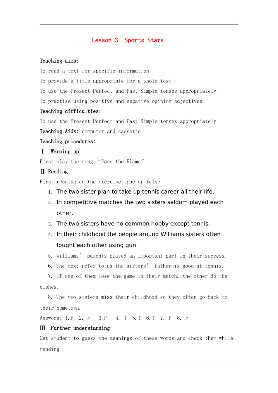 高中英语：unit2 lesson3 sports stars教案（北师大版必修1）_第1页