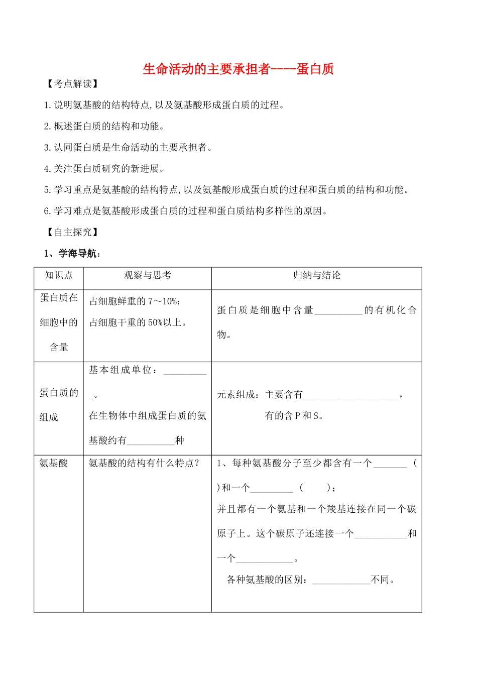 山西省运城市康杰中学高中生物 2.2 生命活动的主要承担者 蛋白质备课资料 新人教版必修1_第1页