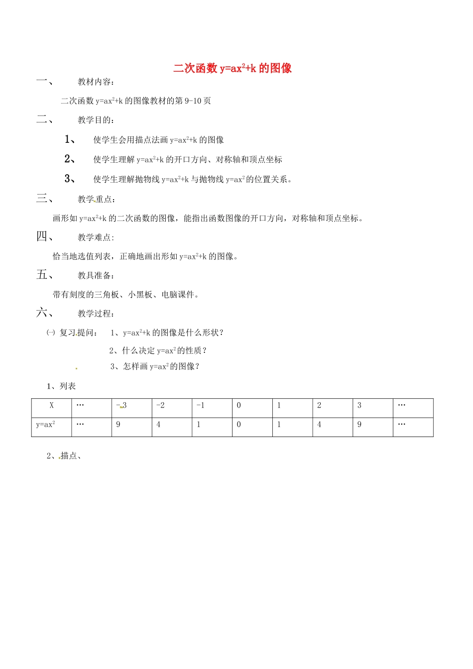 新疆乌鲁木齐市九年级数学《二次函数y=ax2+k的图像》教案_第1页