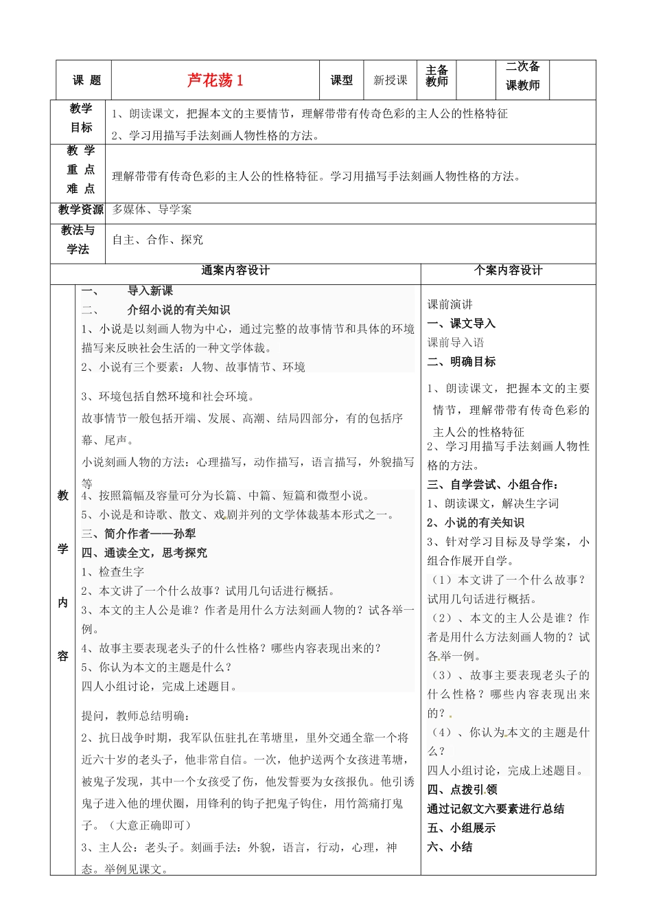 八年级语文下册 第3课《芦花荡》教案（1） 鲁教版五四制-鲁教版五四制初中八年级下册语文教案_第1页