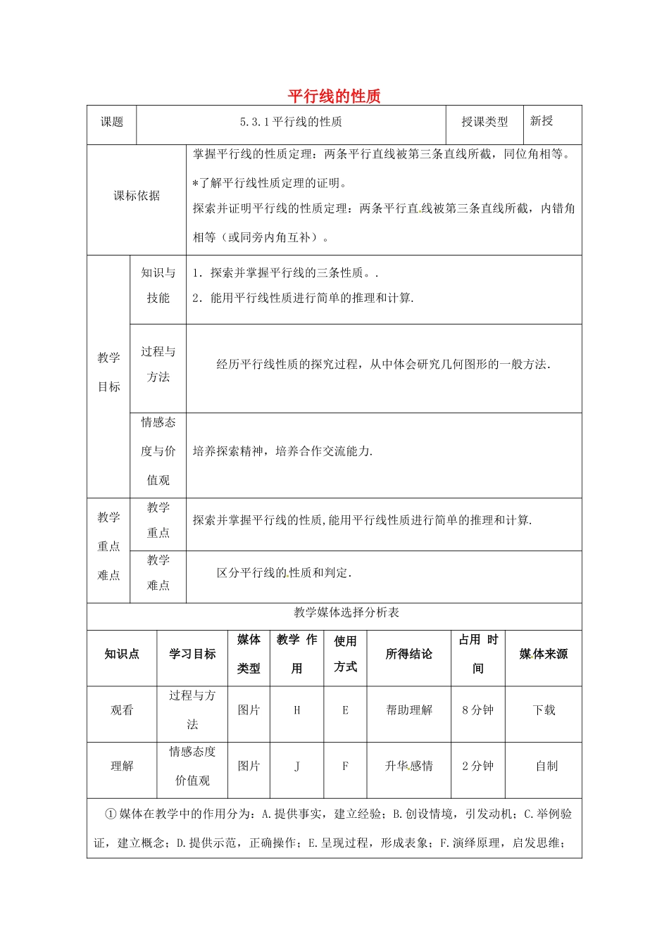 陕西省安康市石泉县池河镇七年级数学下册 5.3 平行线的性质 5.3.1 平行线的性质教案 （新版）新人教版-（新版）新人教版初中七年级下册数学教案_第1页