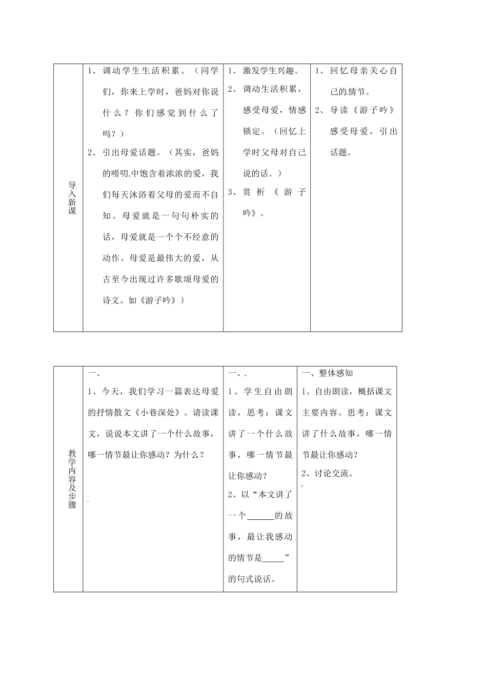 （秋季版）湖南省冷水江市七年级语文上册 第二单元 第6课《小巷深处》教学设计 语文版-语文版初中七年级上册语文教案_第2页