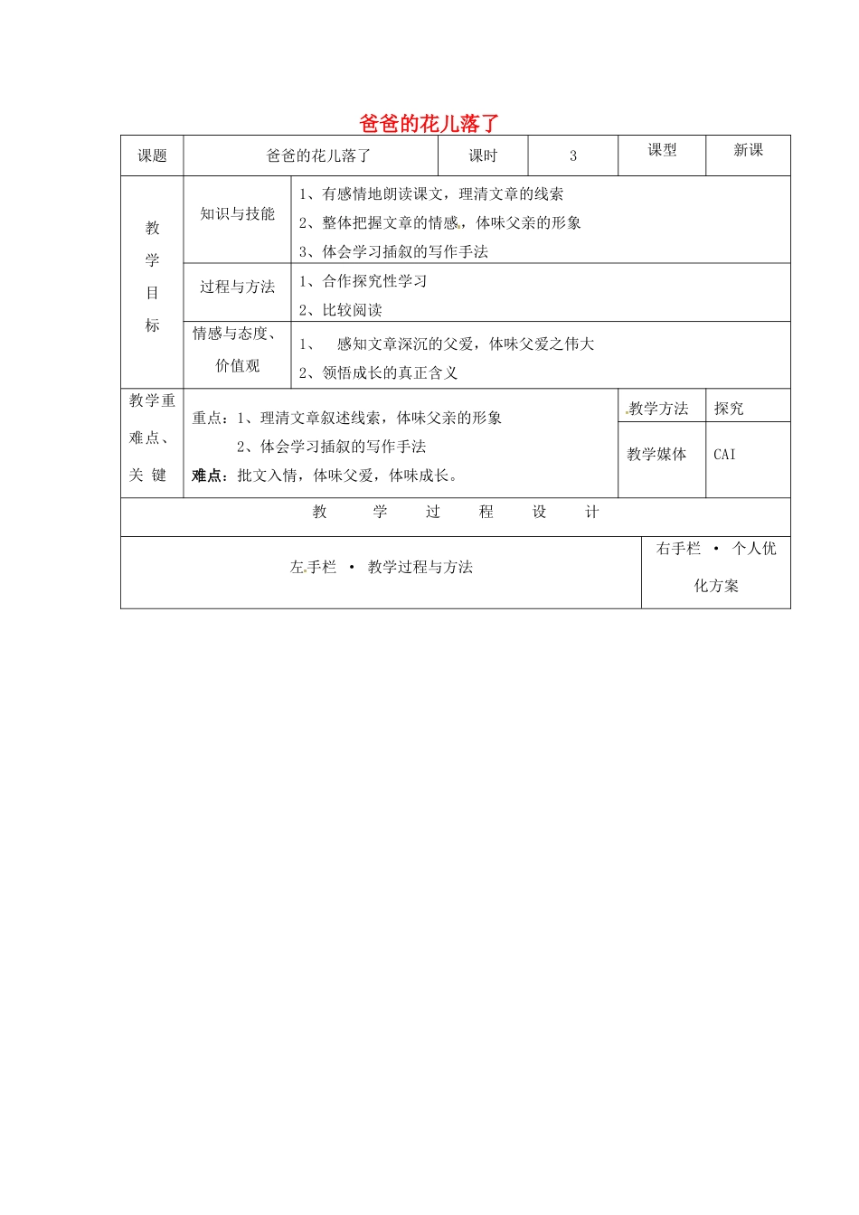 （秋季版）七年级语文上册 第二单元 第6课《爸爸的花落了》教学设计 河大版-河大版初中七年级上册语文教案_第1页