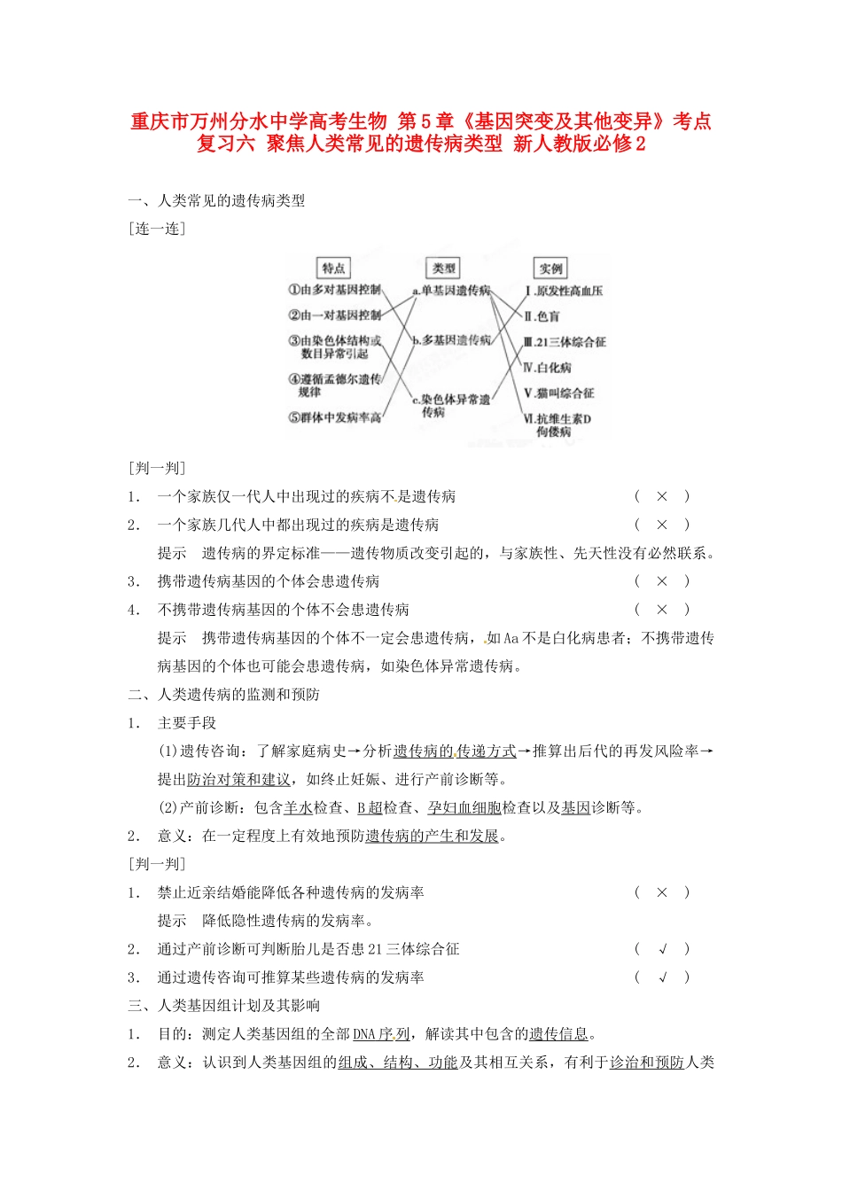 重庆市万州分水中学高考生物 第5章《基因突变及其他变异》考点复习六 聚焦人类常见的遗传病类型 新人教版必修2_第1页