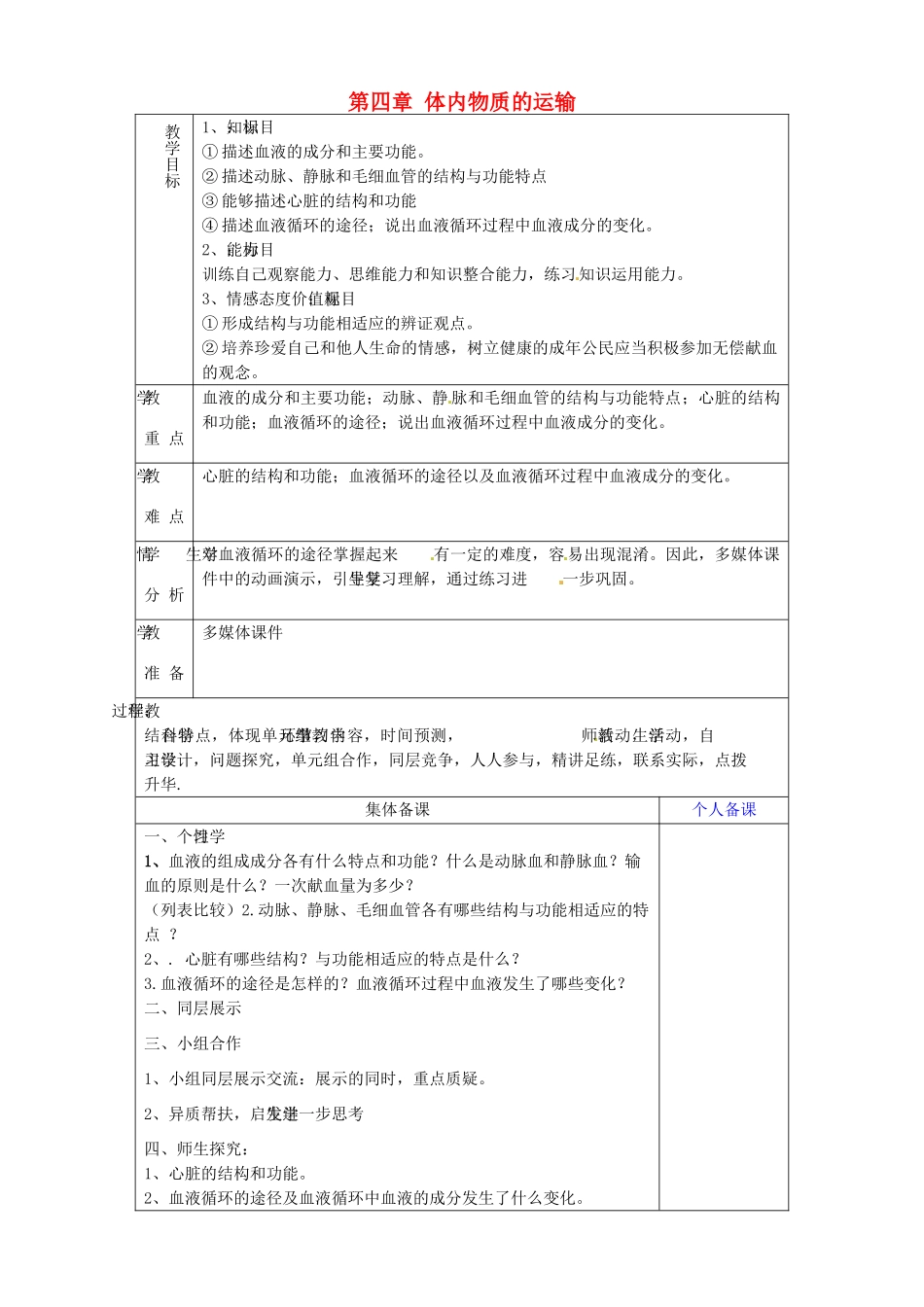 山东省淄博市临淄区第八中学七年级生物下册 4 人体内物质的运输复习教案 新人教版_第1页