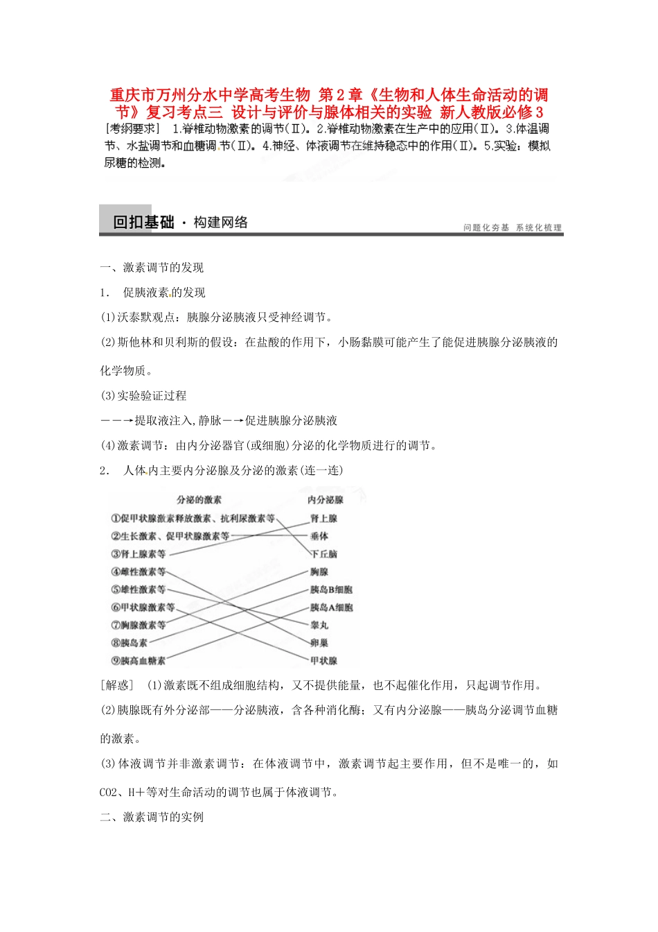 重庆市万州分水中学高考生物 第2章《生物和人体生命活动的调节》复习考点三 设计与评价与腺体相关的实验 新人教版必修3_第1页