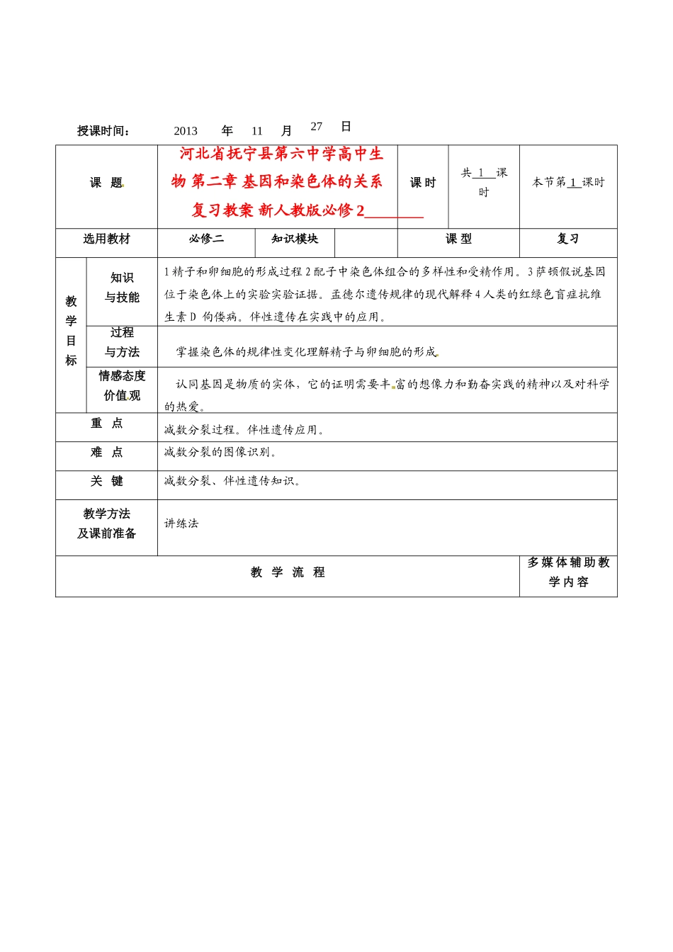 河北省抚宁县第六中学高中生物 第二章 基因和染色体的关系复习教案 新人教版必修2_第1页