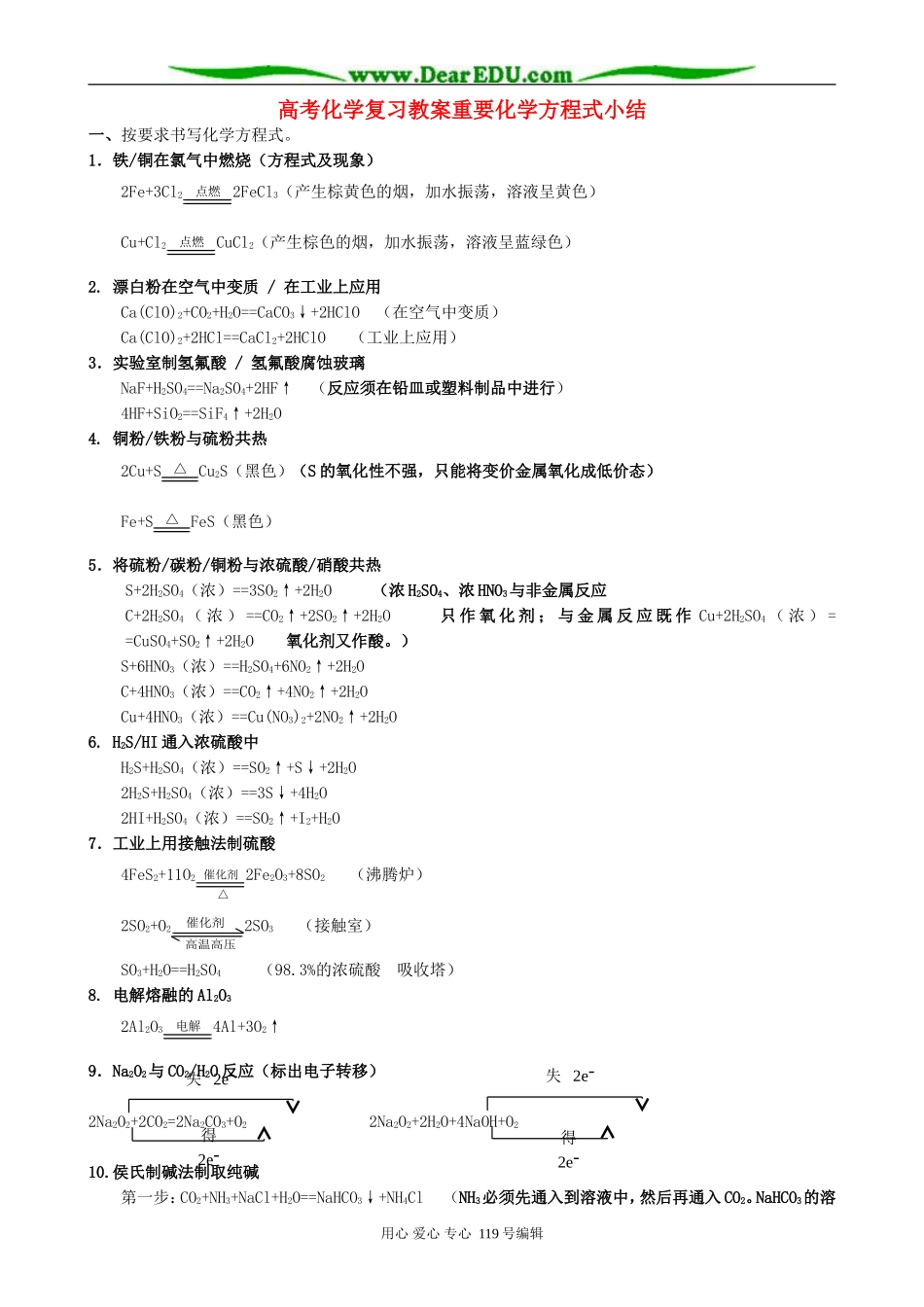 高考化学复习教案重要化学方程式小结_第1页