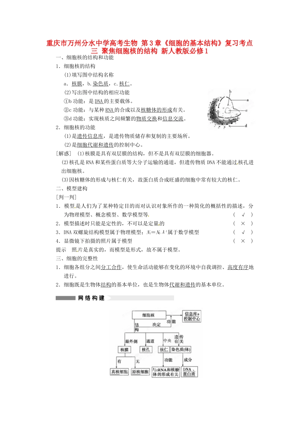 重庆市万州分水中学高考生物 第3章《细胞的基本结构》复习考点三 聚焦细胞核的结构 新人教版必修1_第1页
