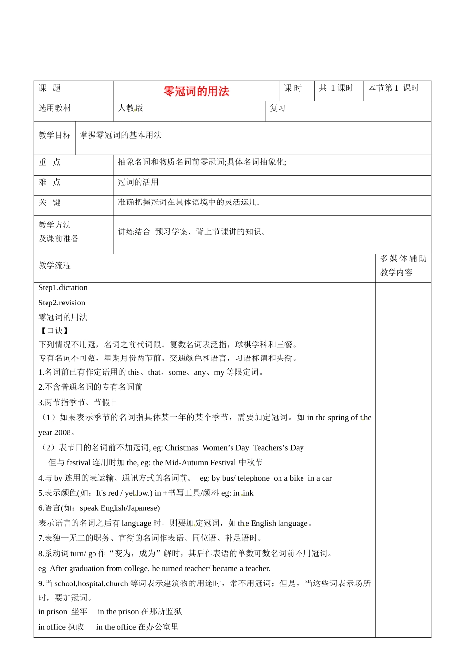 高二英语 零冠词教案-人教版高二全册英语教案_第1页