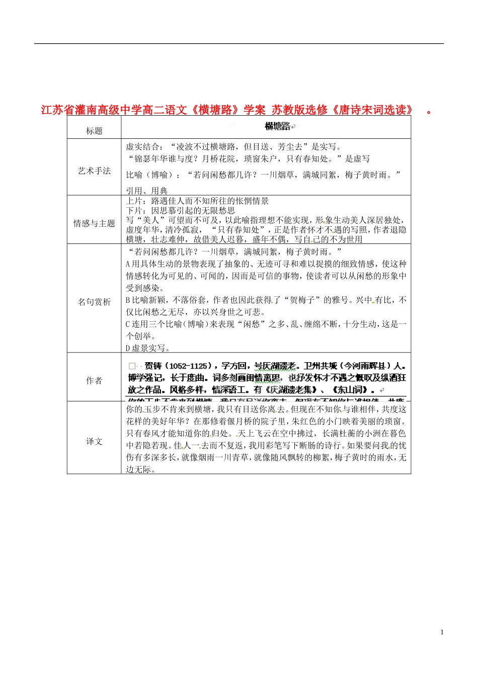 江苏省灌南高级中学高二语文《横塘路》学案 苏教版选修《唐诗宋词选读》_第1页