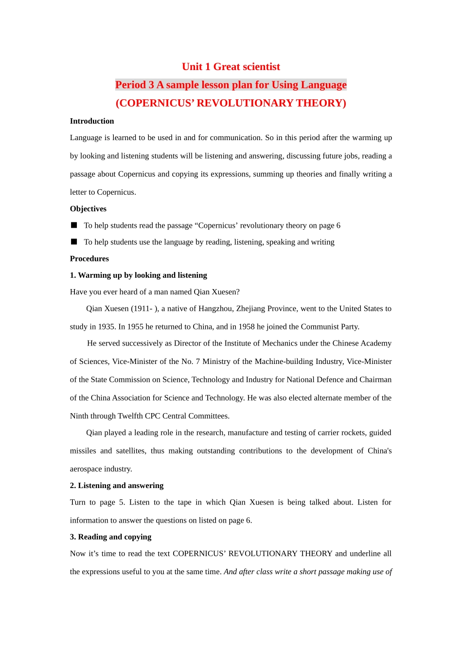 高中英语：Unit1 Great scientists--period3 教案新人教版必修5_第1页