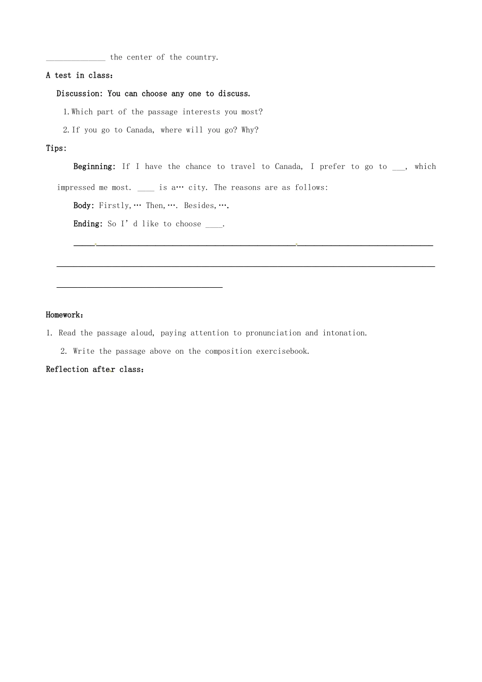 浙江省安吉县振民中学高一英语《Unit5 Canada—“The True North”：Warming up , Pre-reading and Reading》教案_第3页