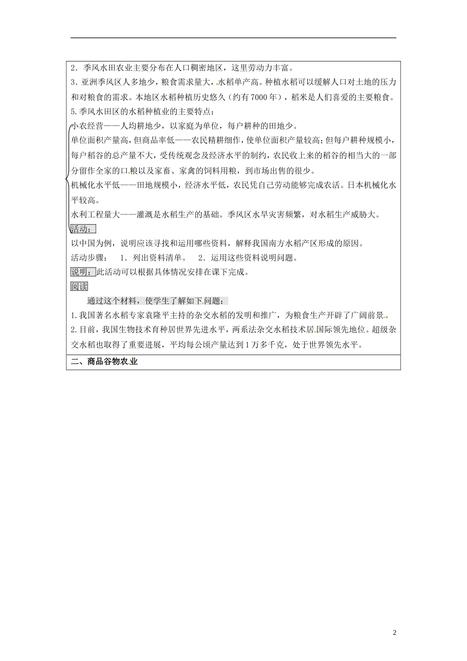 湖南省隆回县万和实验学校高中地理 3.2 以种植业为主的农业地域类型教案 教人教版必修2_第2页