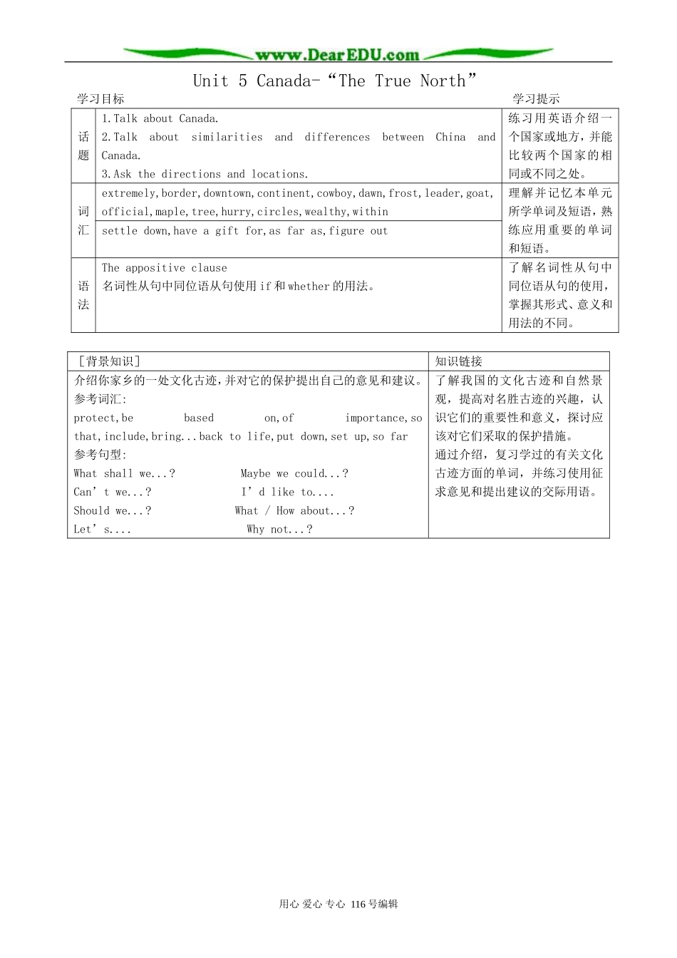高中英语Unit 5 Canada-“The True North”教案1 新课标 人教版 必修3_第1页