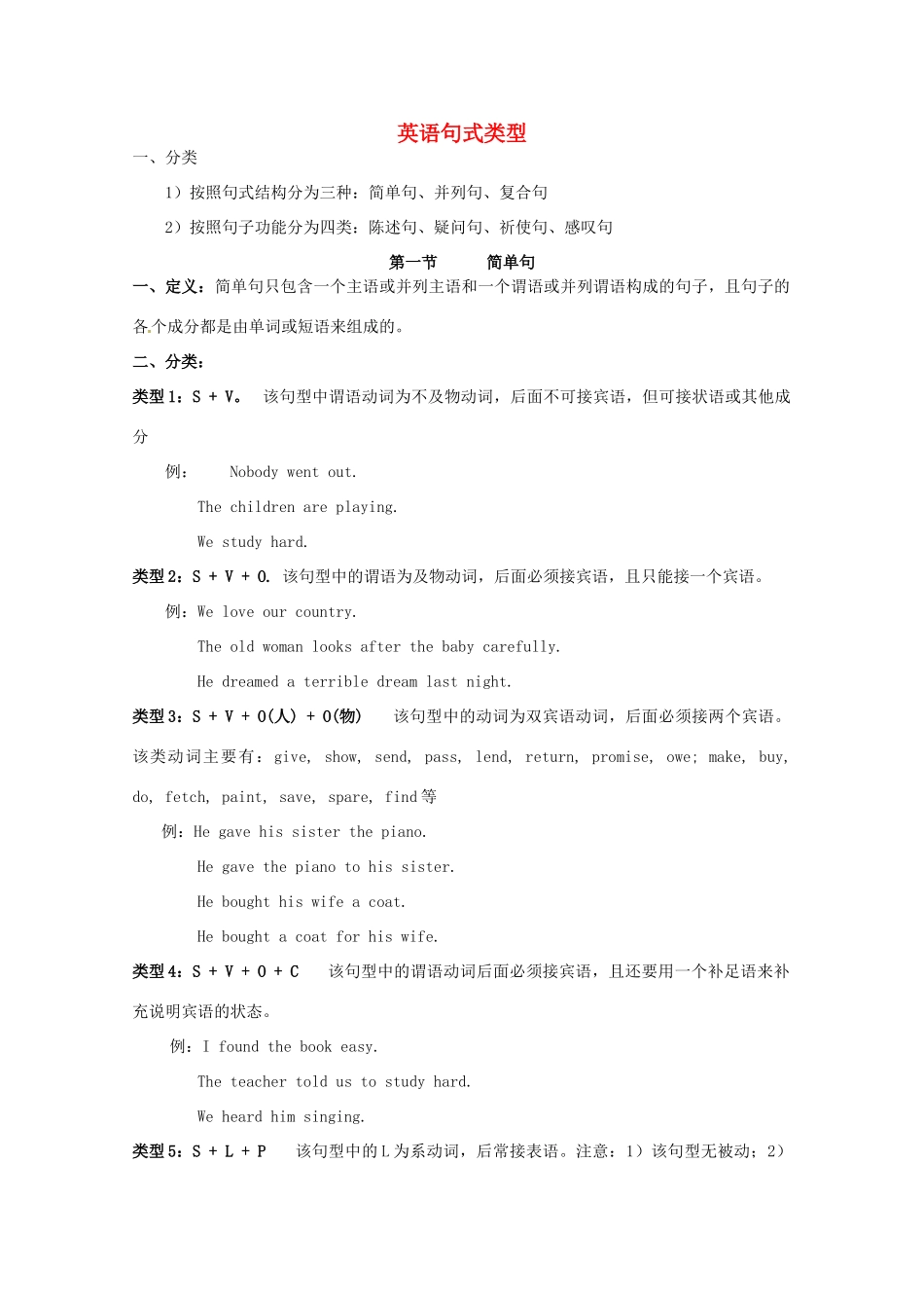 湖南省株洲市第四中学高一英语《英语句式类型》教案 牛津版 _第1页