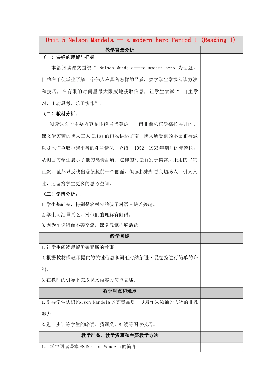 高中英语 Unit5 Nelson Mandela-a modern hero Reading教案1 新人教版必修1-新人教版高一必修1英语教案_第1页