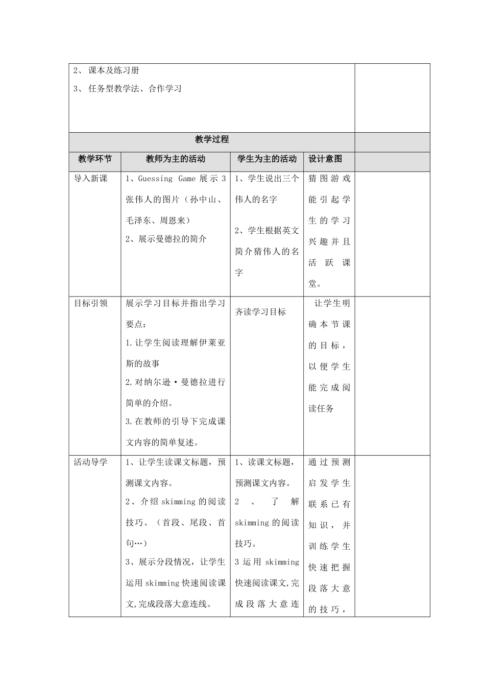 高中英语 Unit5 Nelson Mandela-a modern hero Reading教案1 新人教版必修1-新人教版高一必修1英语教案_第2页