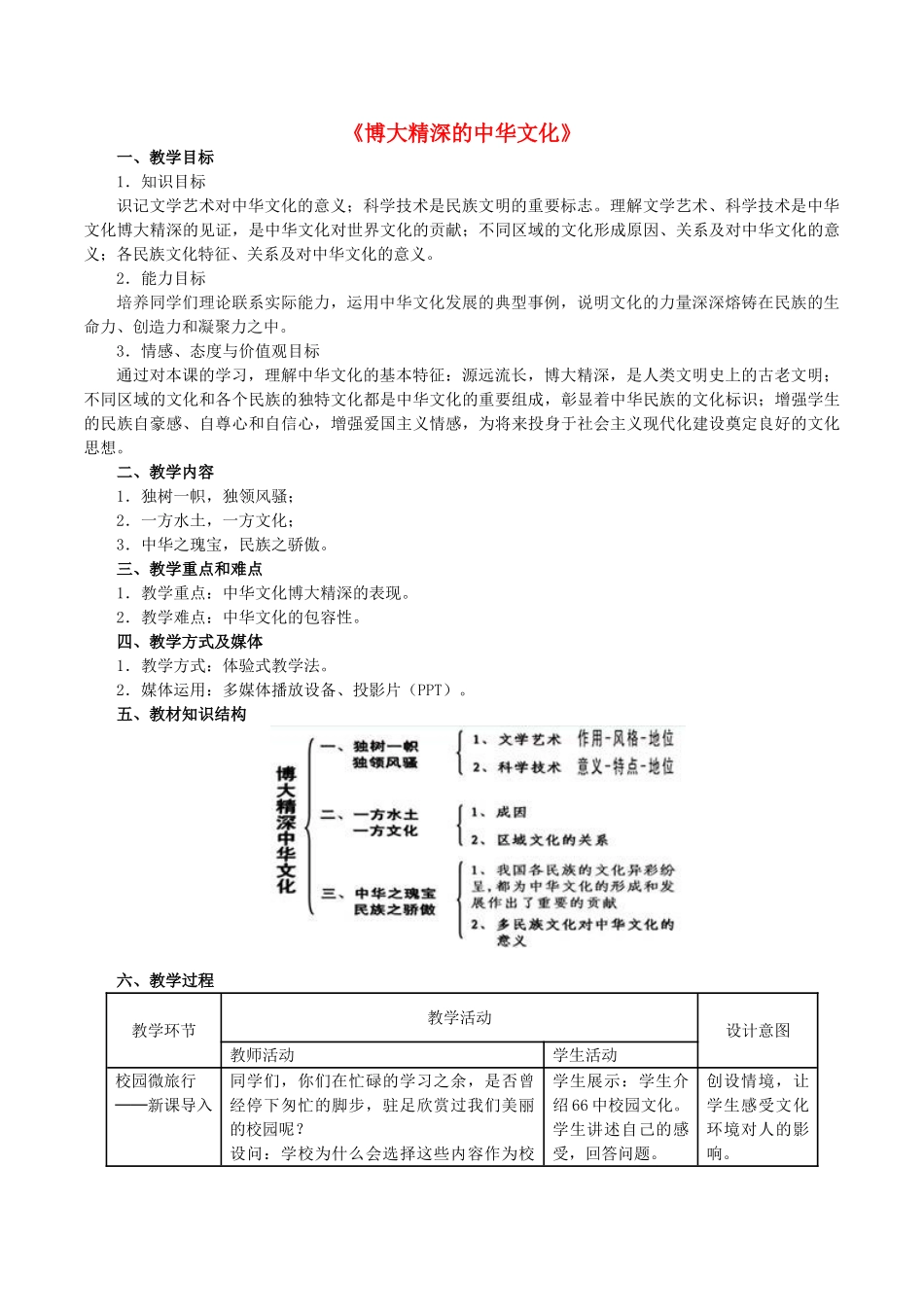 高中政治 6.2 博大精深的中华文化教学设计 新人教版必修3-新人教版高二必修3政治教案_第1页
