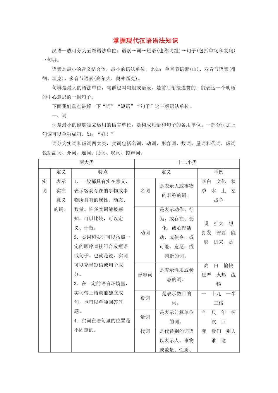 高考语文大一轮复习 第1部分 专题2 第1讲 掌握现代汉语语法知识讲义-人教版高三全册语文教案_第1页