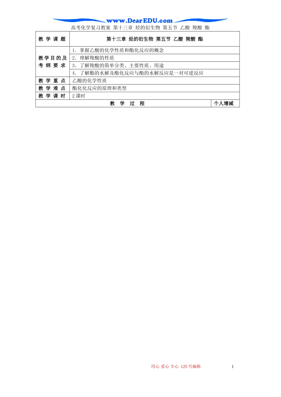 高考化学复习教案 第十三章 烃的衍生物 第五节 乙酸 羧酸 酯_第1页