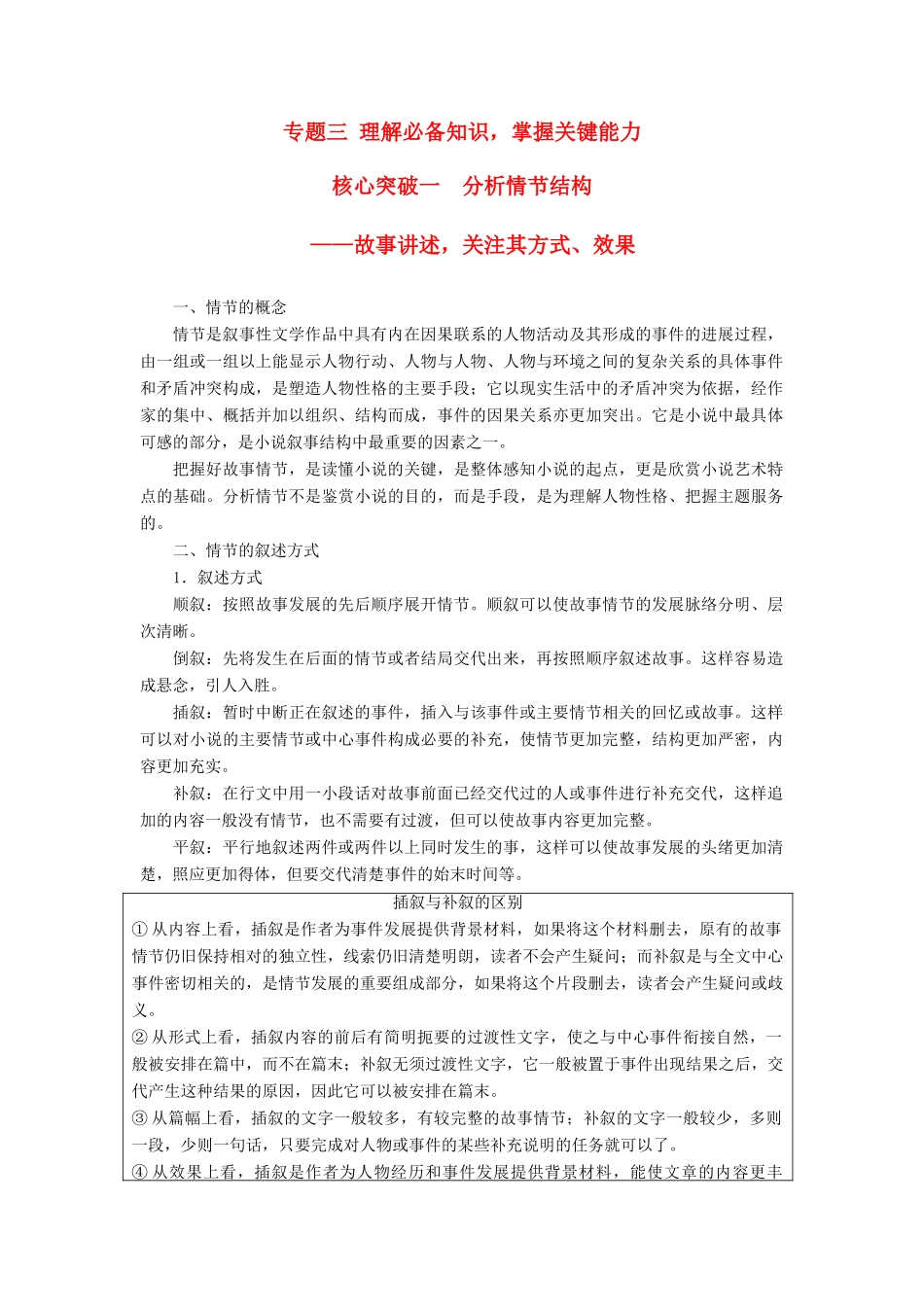 高考语文一轮复习 第四章 文学类文本阅读 小说阅读-基于理解与感悟的审美鉴赏阅读 专题三 理解必备知识，掌握关键能力 核心突破一 分析情节结构讲义-人教版高三全册语文教案_第1页