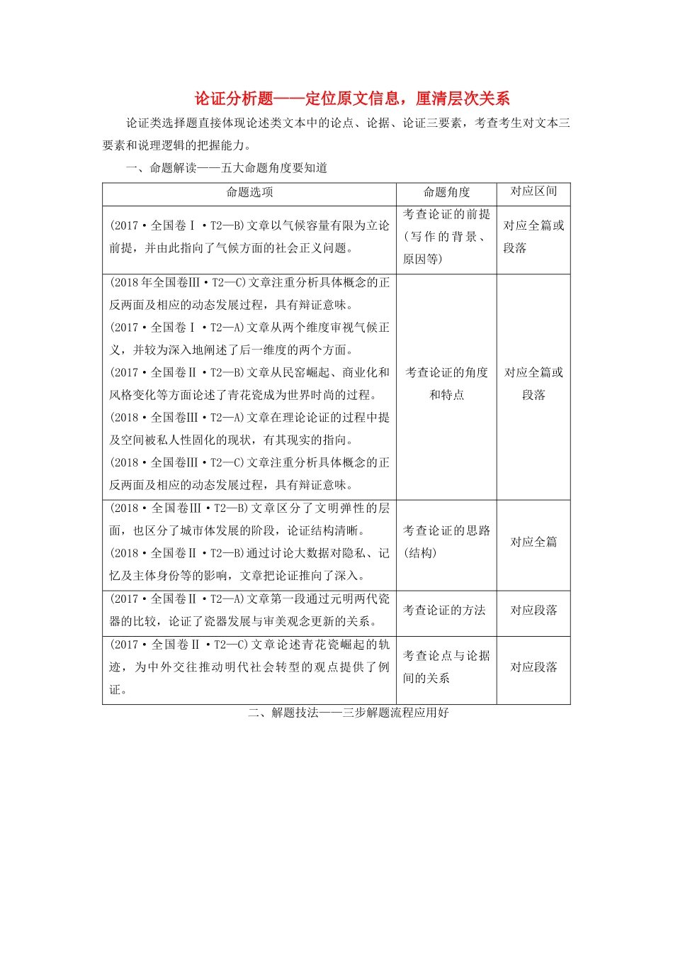 高考语文大一轮复习 第3部分 专题12 第4讲 论证分析题——定位原文信息，厘清层次关系讲义-人教版高三全册语文教案_第1页