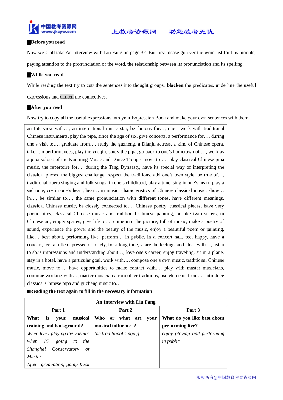 高中英语必修6Module 4 Period 1 Reading-An Interview with Liu Fang_第3页