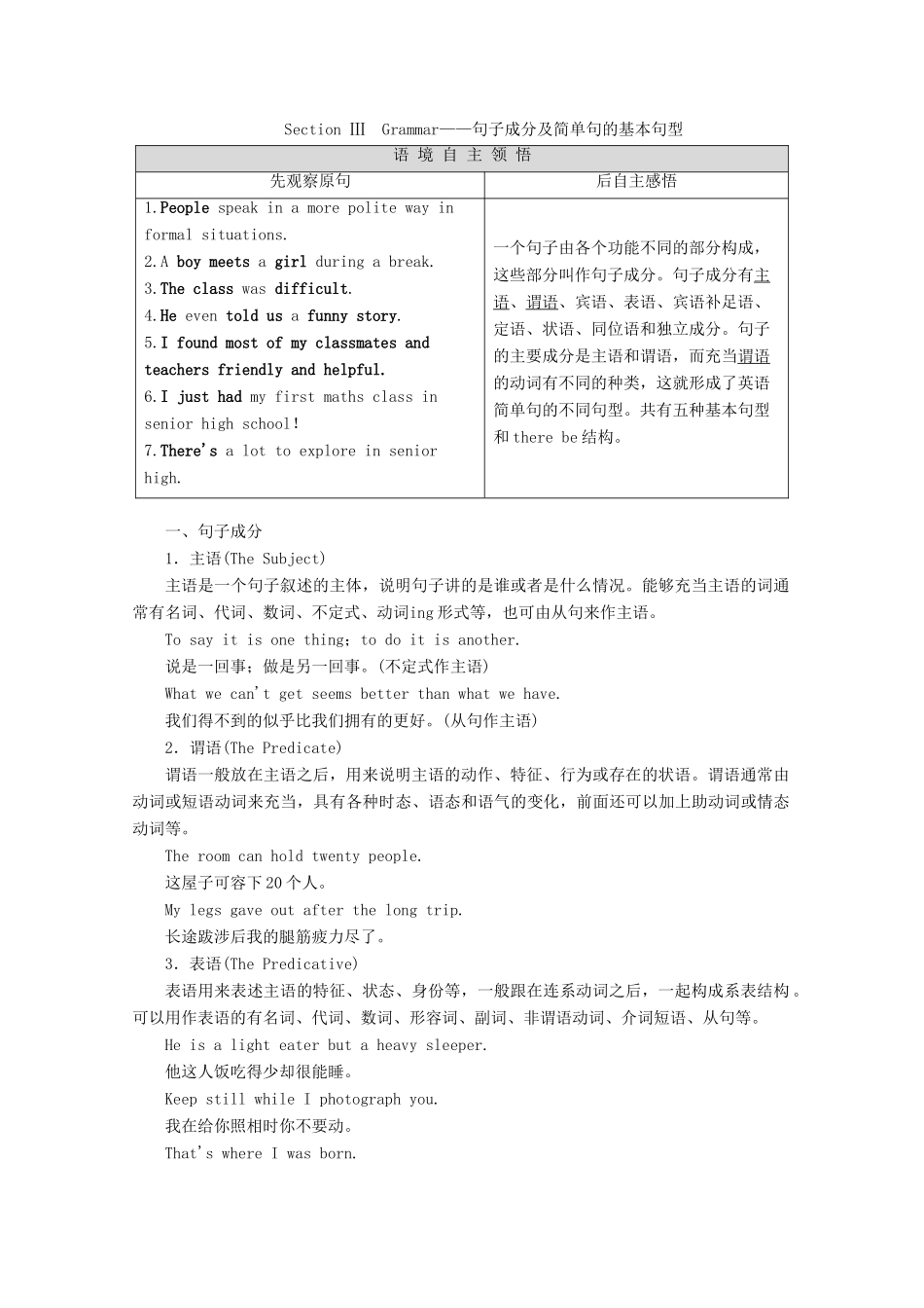 高中英语 Welcome unit Section Ⅲ Grammar——句子成分及简单句的基本句型教案（含解析）新人教版必修1-新人教版高一必修1英语教案_第1页