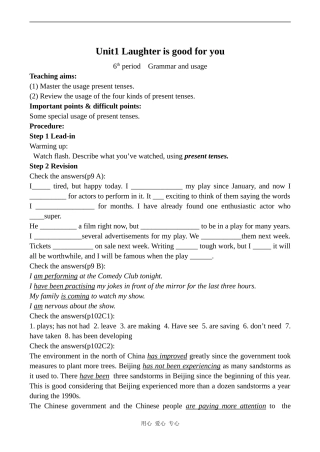 高中英语Unit1 Laughter is good for you 6牛津版选修六