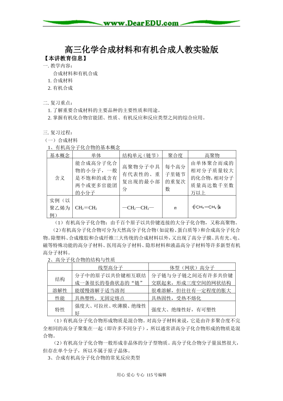 高三化学合成材料和有机合成人教实验版知识精讲_第1页