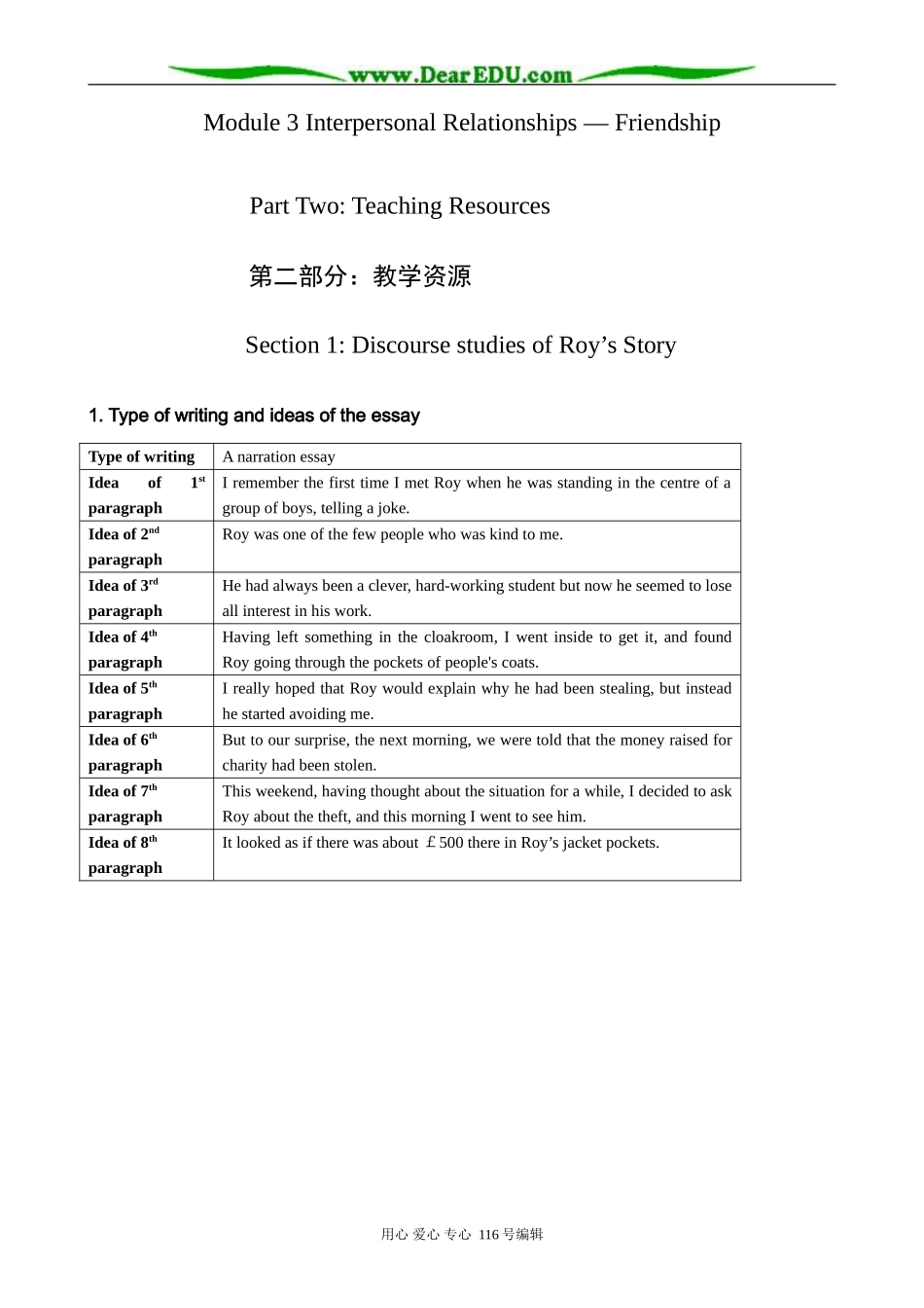 高中英语必修6Module 3 Section 1 Discourse studies of Roy's Story_第1页