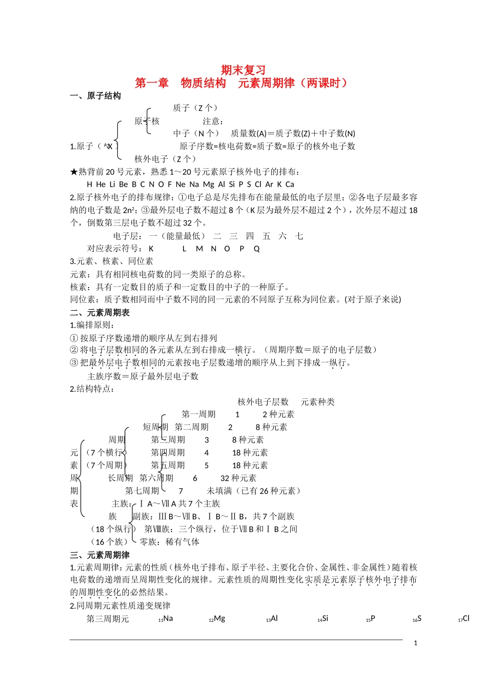 高一化学  第一章《物质结构 元素周期律》期末复习教案 新人教版必修2_第1页