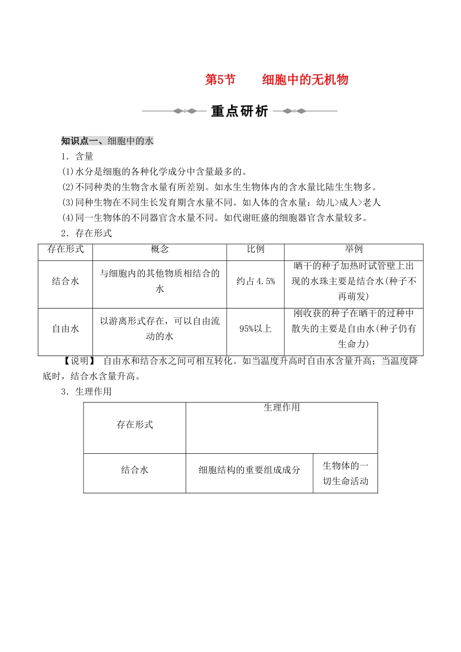山西省运城市康杰中学高中生物 2.5 细胞中的无机物知识点归纳 新人教版必修1_第1页