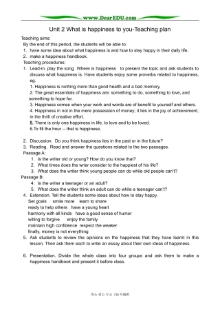 高中英语必修6Unit 2 What is happiness to you-Teaching plan