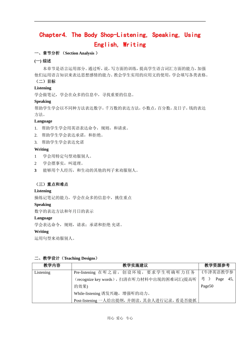 高中英语：Unit4 the body shop-listening,speaking&writing教案（牛津上海版S3A）_第1页