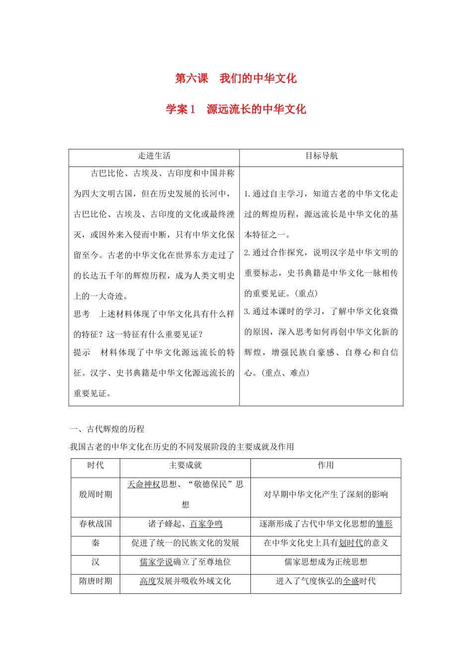高中政治 第三单元 中华文化与民族精神 第六课 我们的中华文化 1 源远流长的中华文化讲义 新人教版必修3-新人教版高二必修3政治教案_第1页