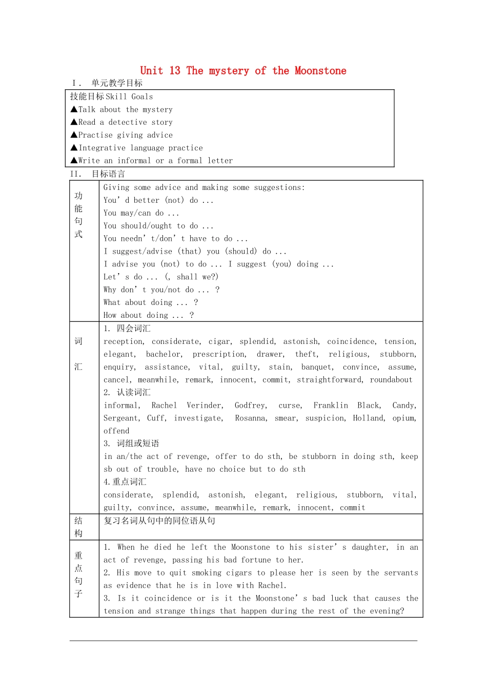 高中英语：Unit13 the mystery of the moonstone教案（旧人教版必修5）_第1页