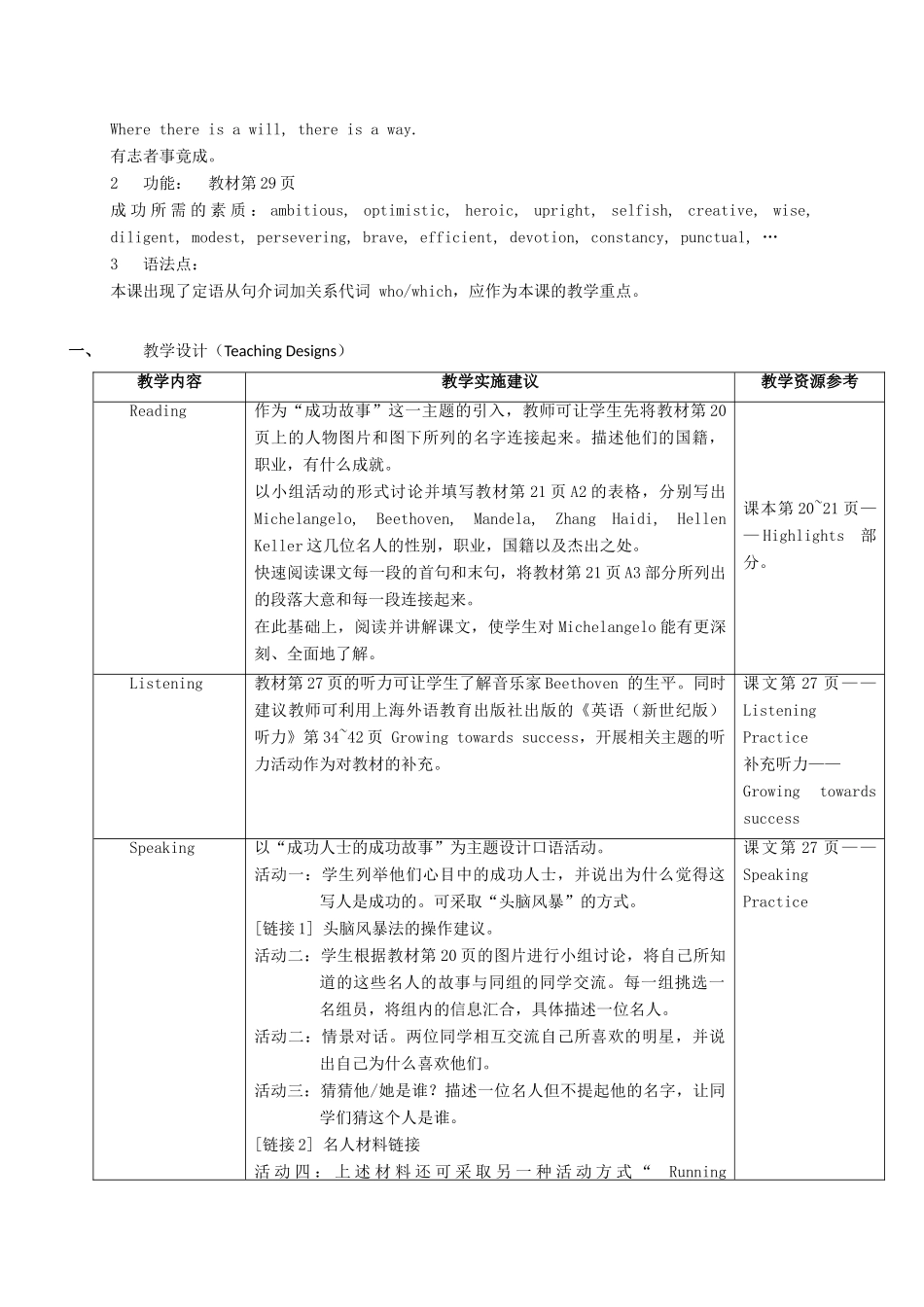 高中英语《Unit2 Success stories》教案 上海新世纪版必修1-上海新世纪版高一必修1英语教案_第2页