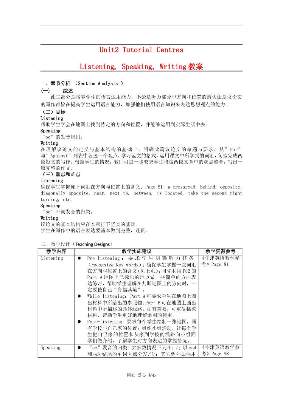 高二英语：Unit2 tutorial centres-listening,speaking and writing教案牛津版_第1页