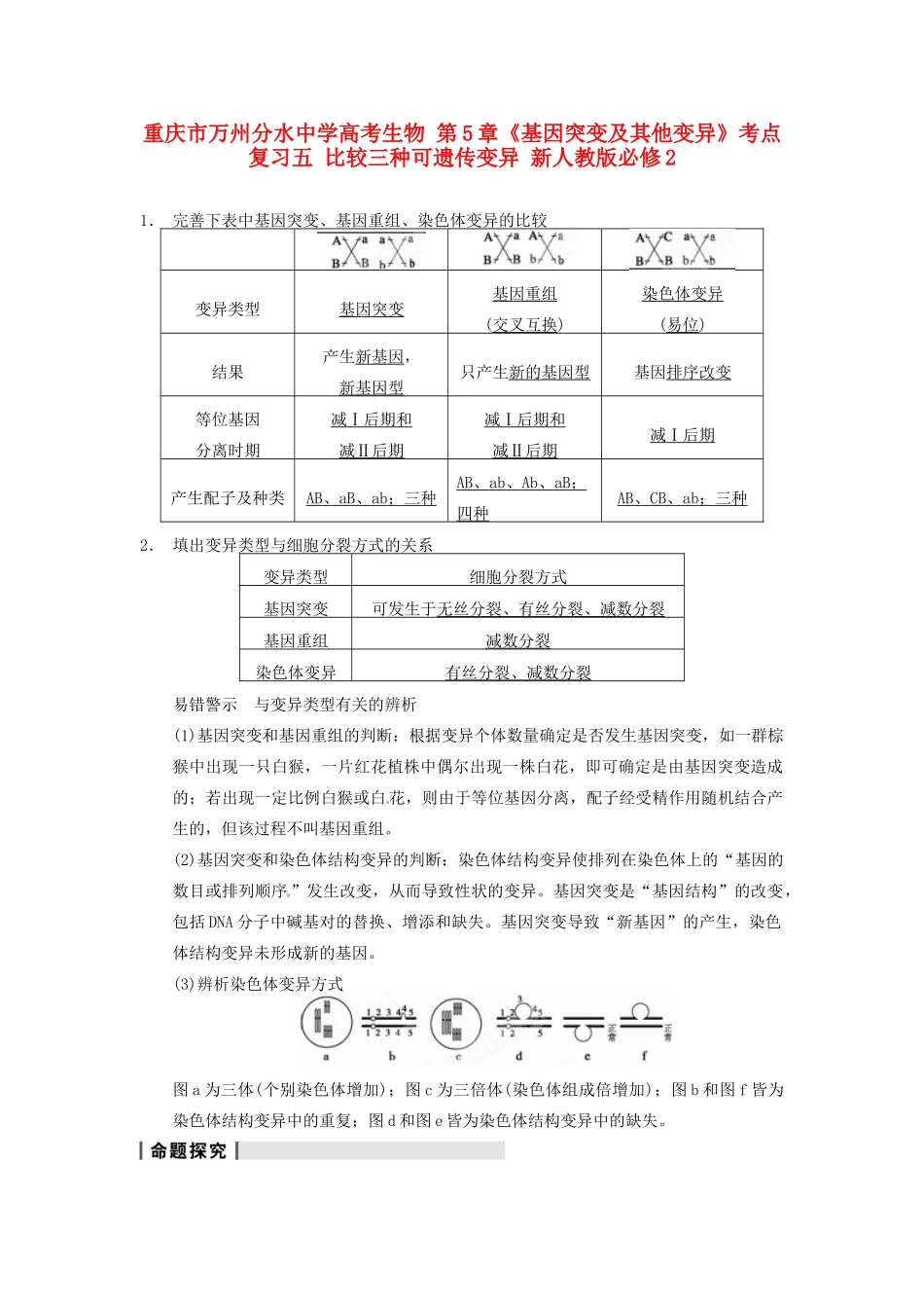 重庆市万州分水中学高考生物 第5章《基因突变及其他变异》考点复习五 比较三种可遗传变异 新人教版必修2_第1页