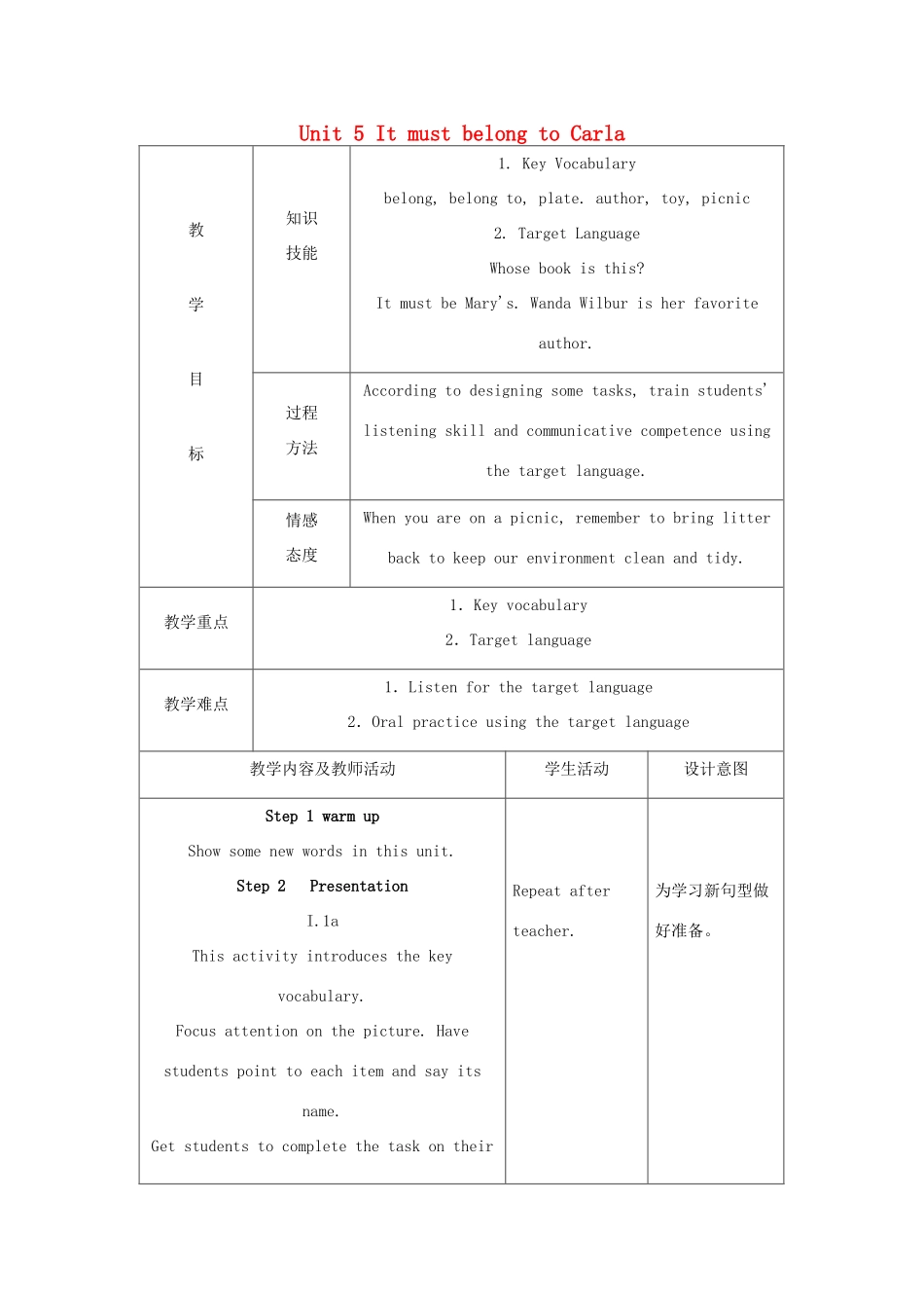 《Unit 5 It must belong to Carla》教案（1）_第1页