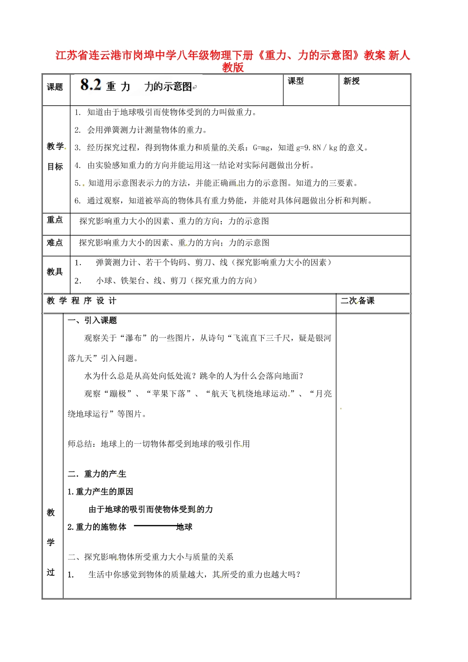 江苏省连云港市岗埠中学八年级物理下册《重力、力的示意图》教案 新人教版_第1页
